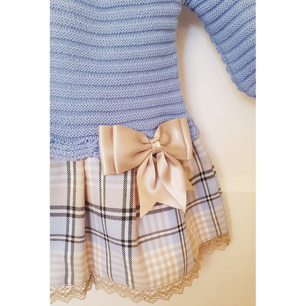 Luxury Knitted Baby Girl Dress – Traditional Romany & Spanish Style with Blue Tartan Collar