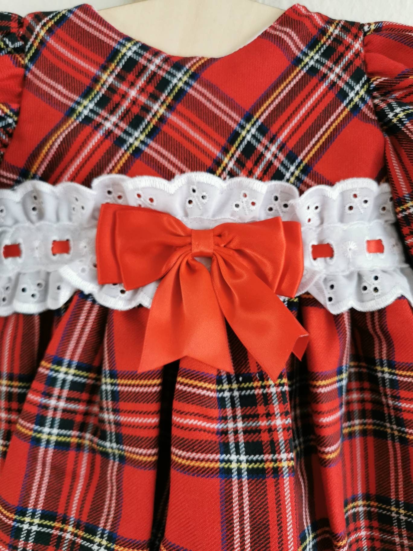 Traditional Red Tartan Broderie Anglaise Baby Girl Dress – Spanish Style