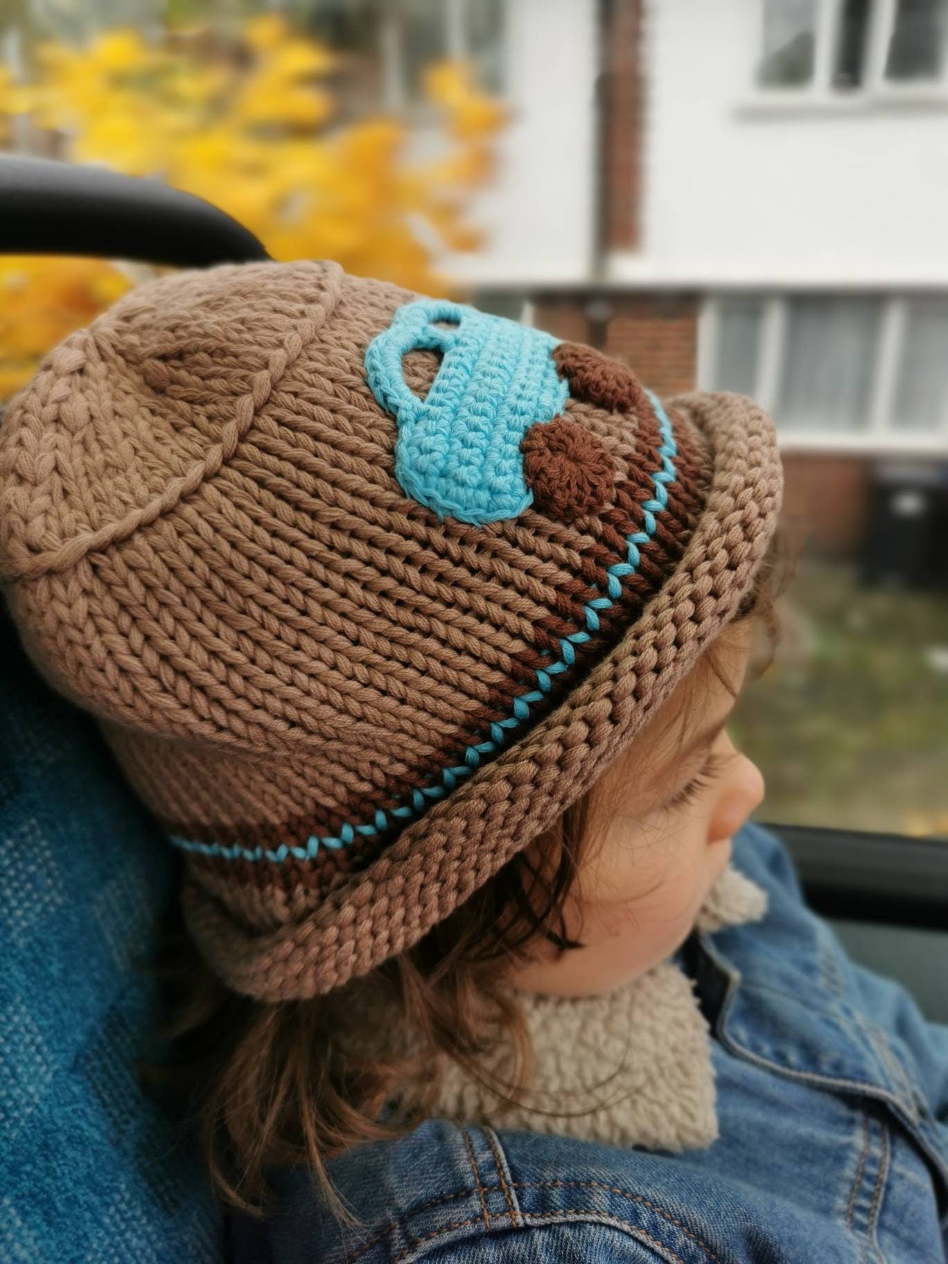 Knitted Children Baby Bucket Hat Brown with Blue Car