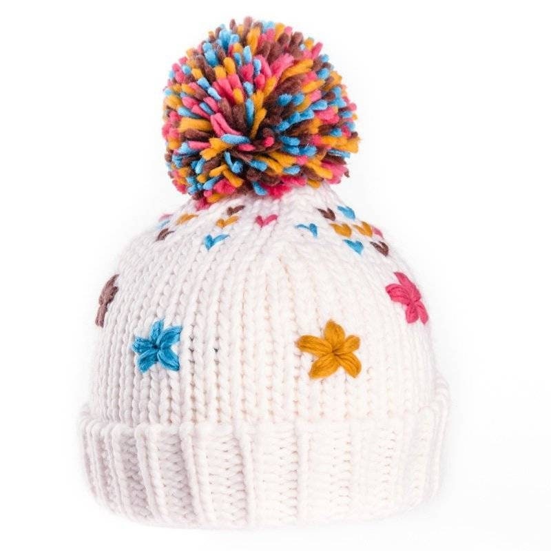 Winter Girls Hat with crochet flowers Rainbow Pom Pom