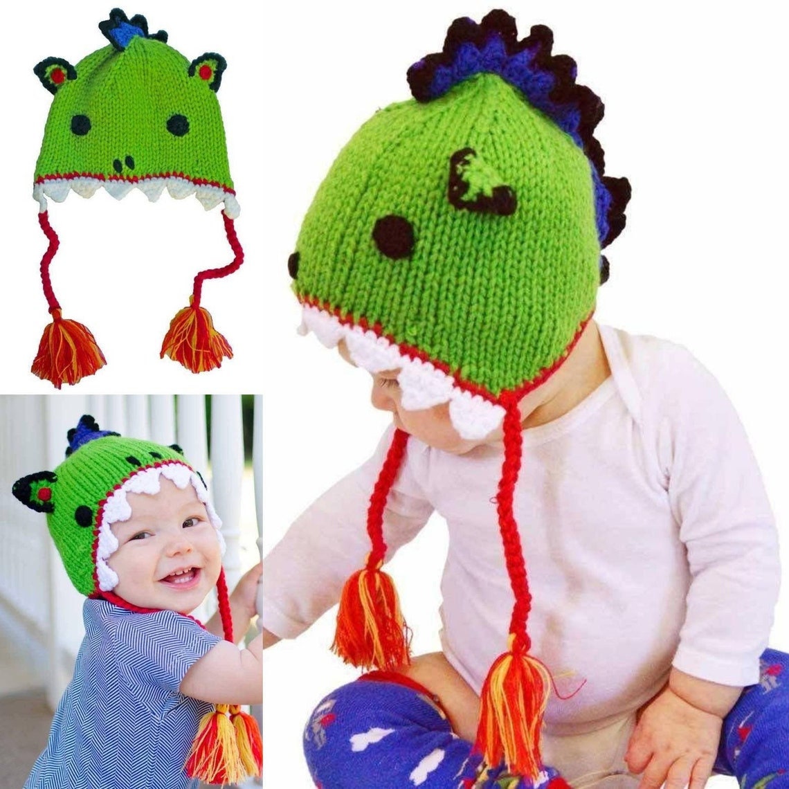 Baby Kids Hand Knit Green Dragon Beanie Hat 6-24 months