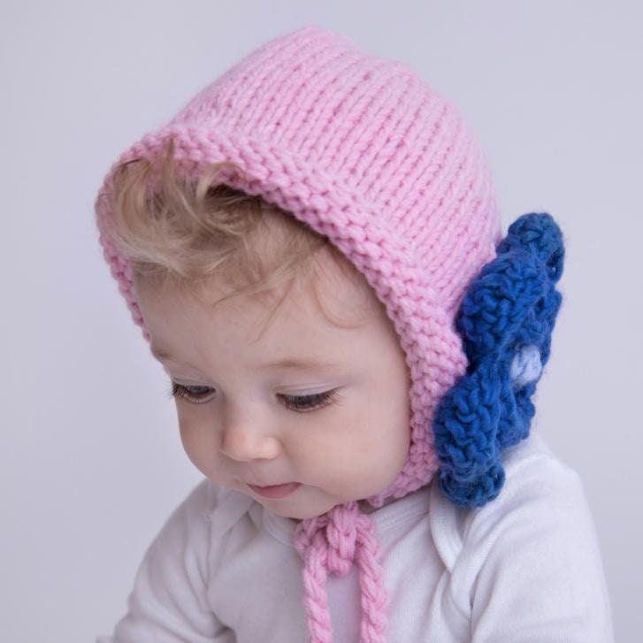 Hand Knit Pink Bonnet Hat with Big Flower 6-24 months