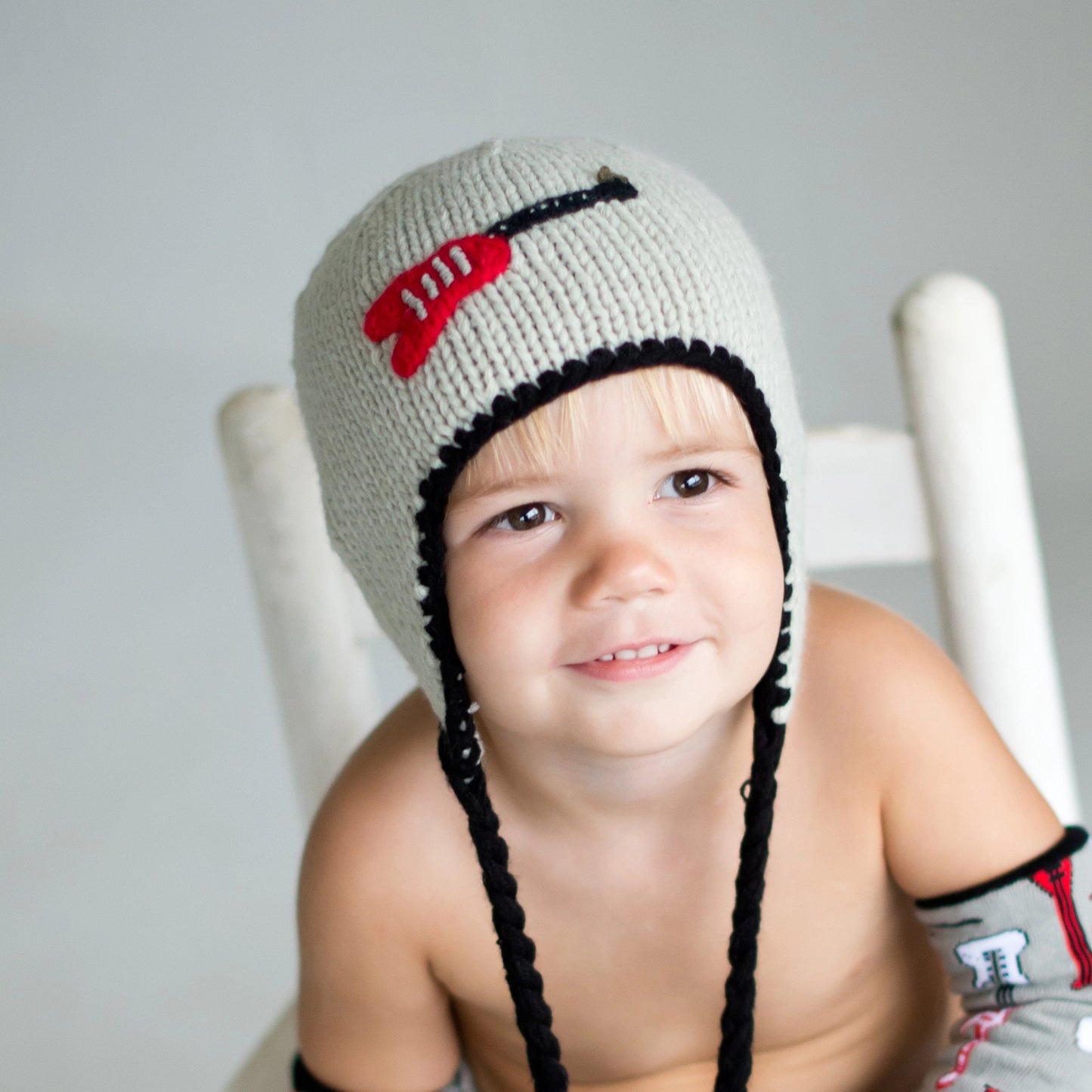 Hand Knit Children Baby Boy Rockstar Guitar Beanie Hat Crochet detail