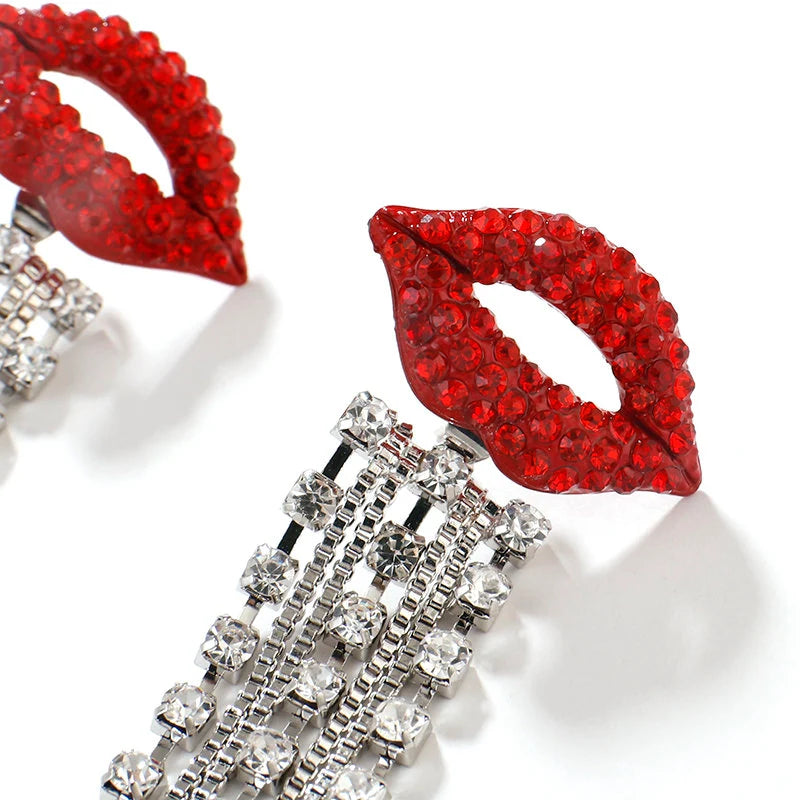 Red Lips Crystal Tassel Statement Earrings Silver Tone