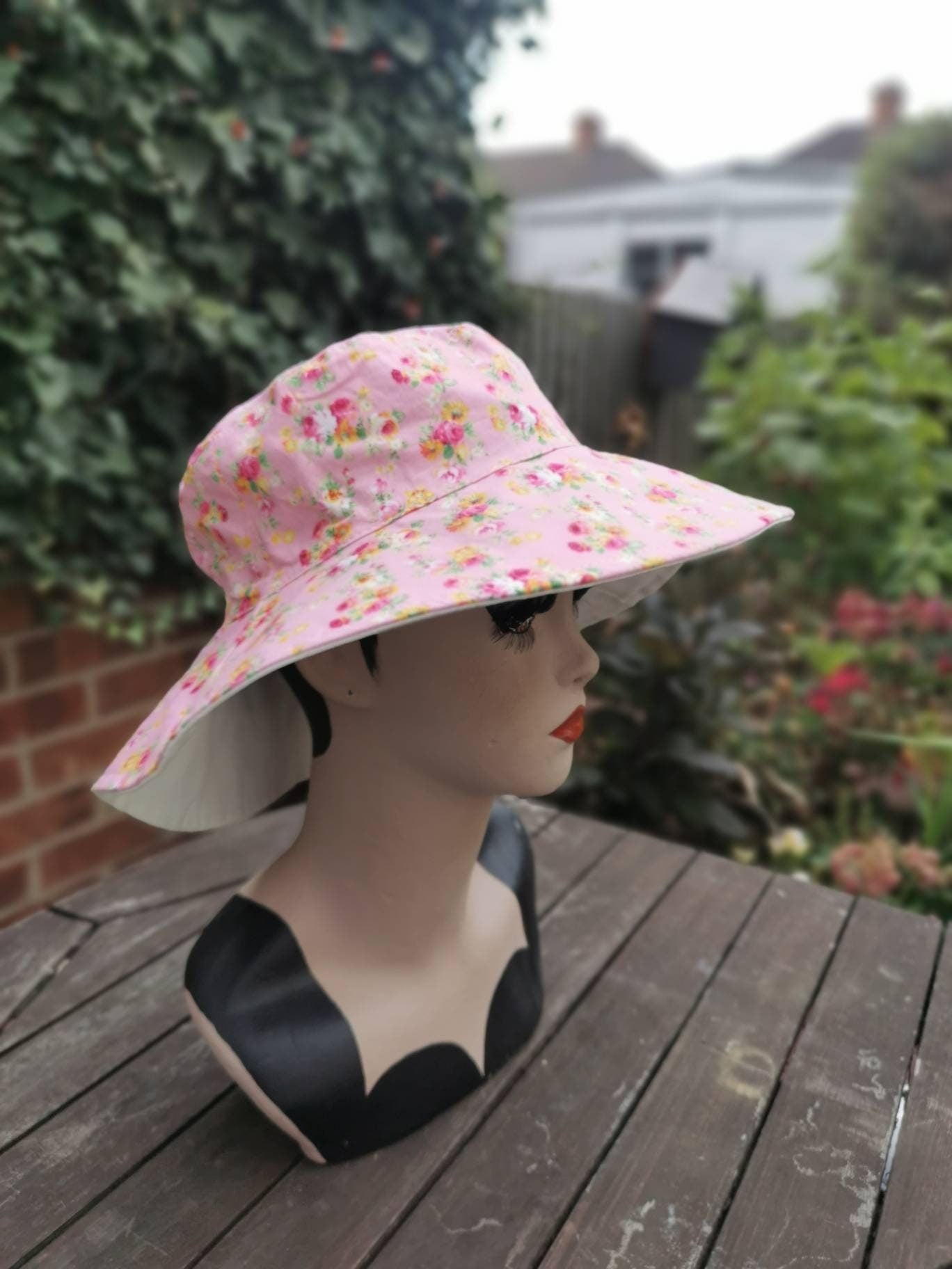 Ladies Summer Hat Wide Brim Flower Floppy Sun Hat Reversible Pink Blue Cotton Handmade