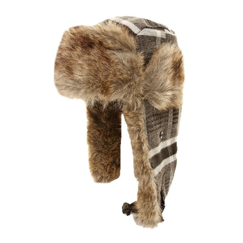 Ladies Checked Trapper Hat with faux fur trim