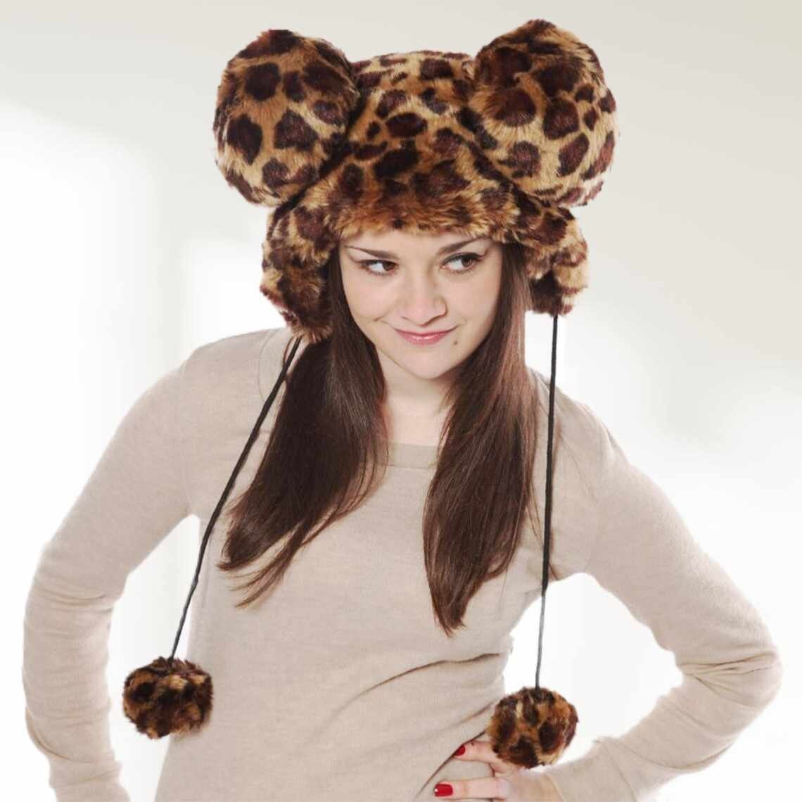 Giant Ears Bear Hat With Pom-Poms Adults' Women Ladies Leopard Funny Winter Christmas Gift