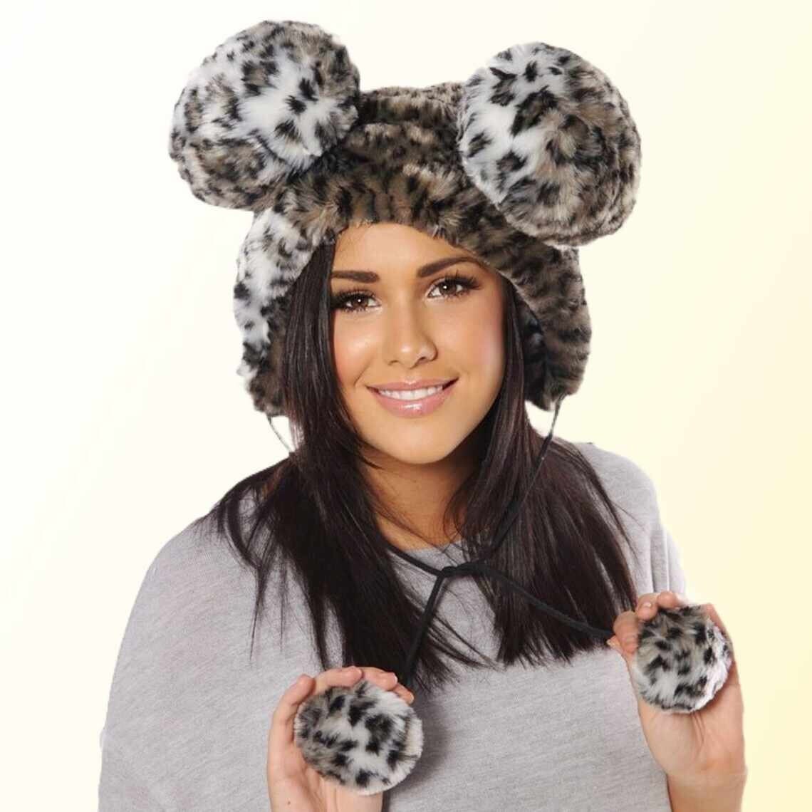 Giant Ears Bear Hat With Pom-Poms Adults' Women Ladies Leopard Funny Winter Christmas Gift