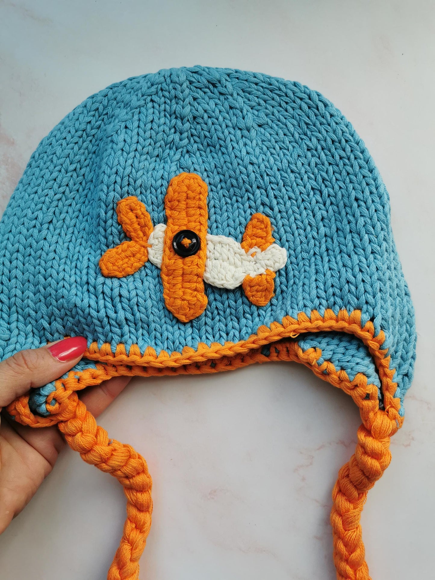 Kids Airplane Hat with Earflaps - Sky Blue Cotton Beanie - Hand Knit Winter Hat - Pom Pom Ties - Boys Girls Aviation - 2-6 Years - Handmade