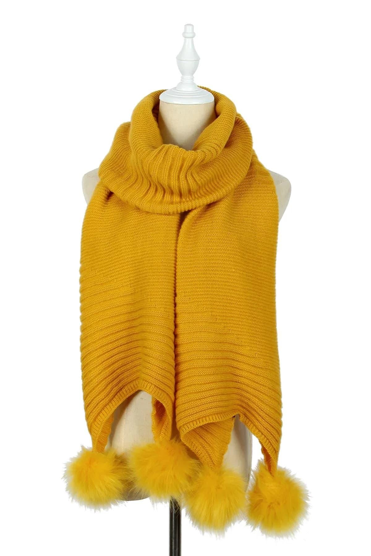 Knitted Faux Fur Pom Pom Scarf in Mustard