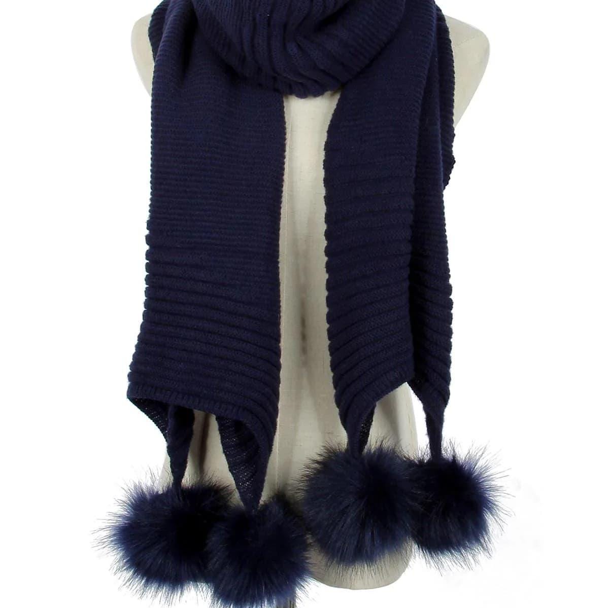 Knitted Faux Fur Pom Pom Scarf in Navy