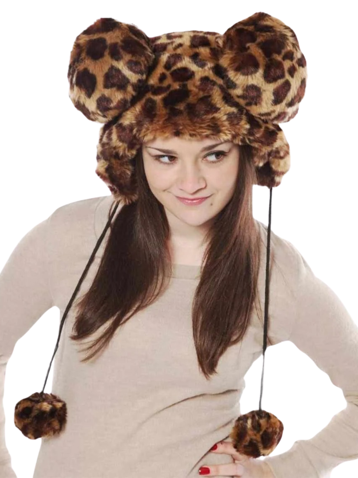 Giant Ears Bear Hat With Pom-Poms Adults' Women Ladies Leopard Funny Winter Christmas Gift