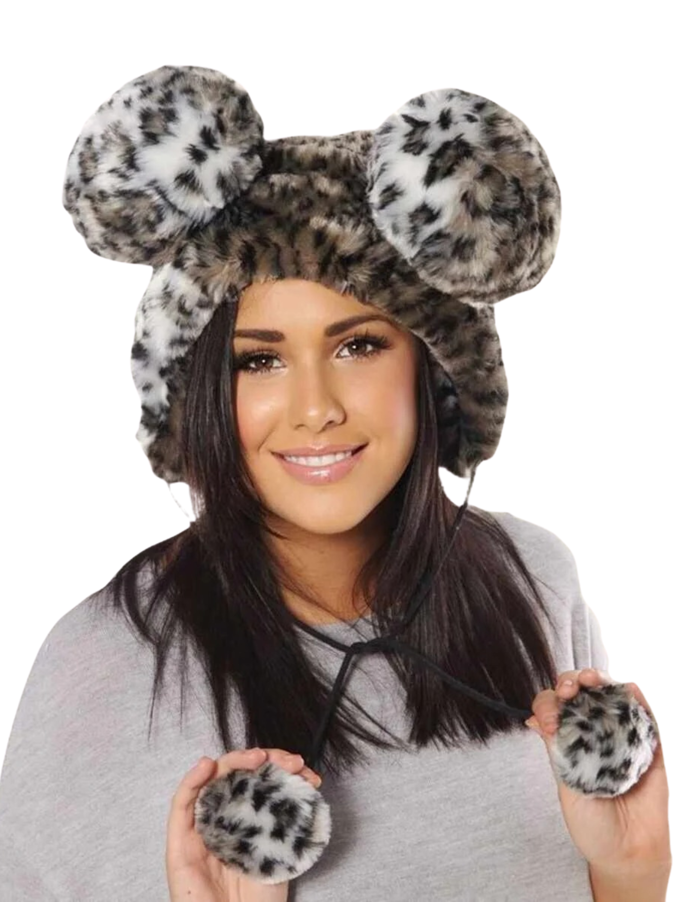 Giant Ears Bear Hat With Pom-Poms Adults' Women Ladies Leopard Funny Winter Christmas Gift
