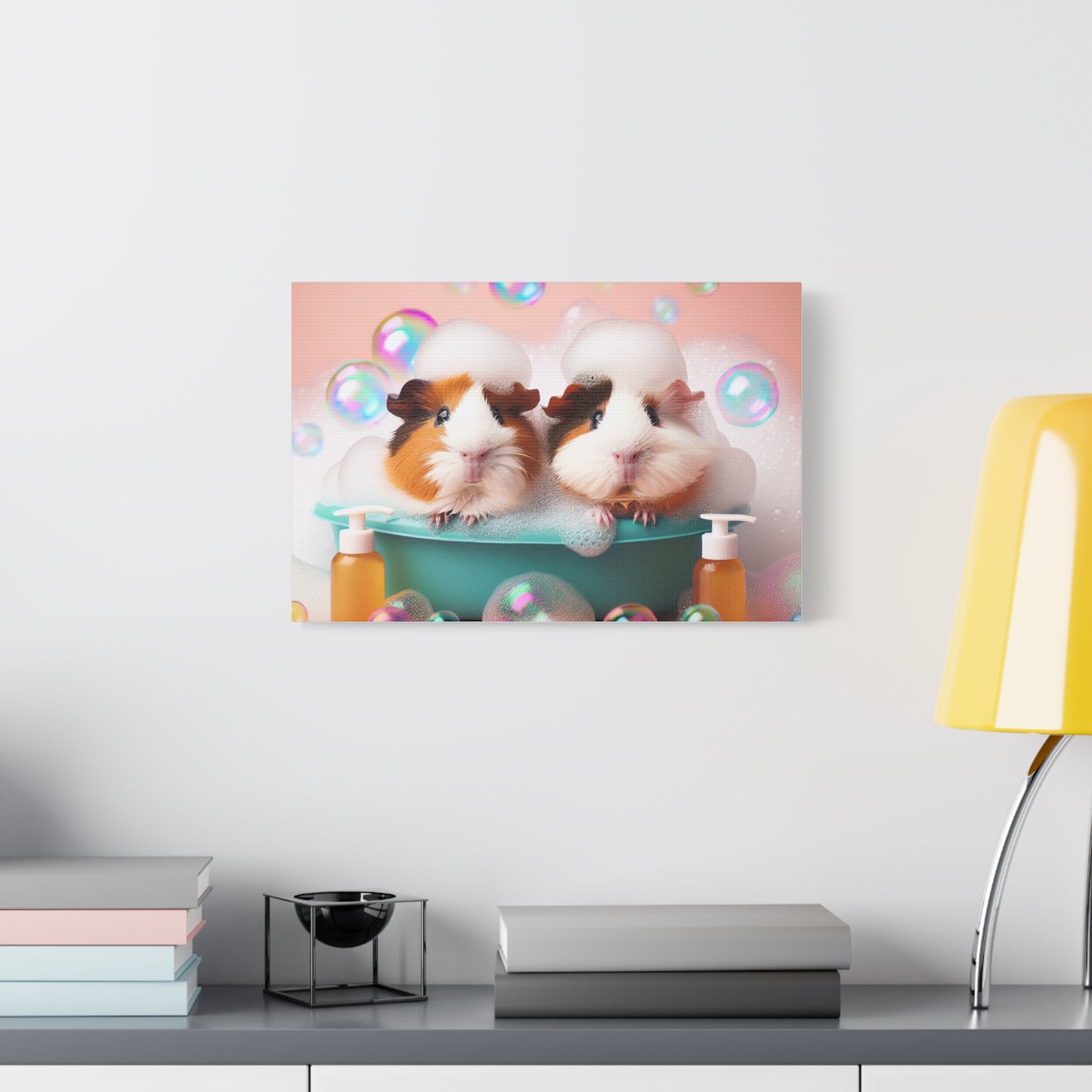 Bathtime Buddies: Adorable Guinea Pigs Shower Scene | Premium Matte Wall Art | Cute Animal Lover Gift Stretched
