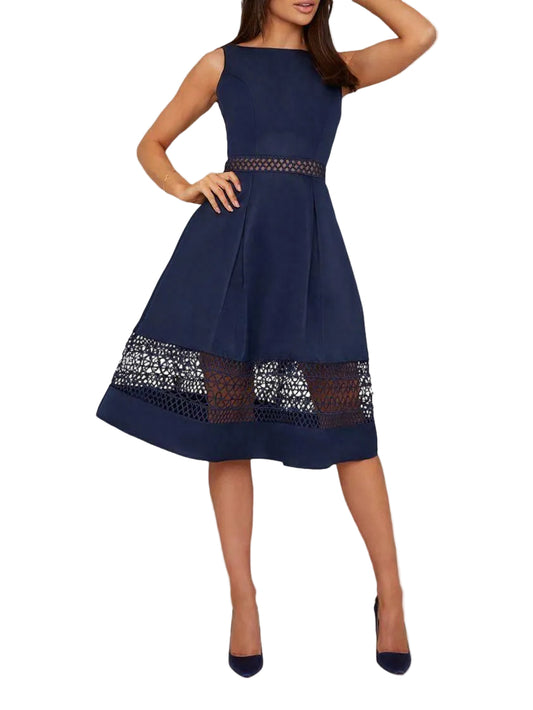 Chi Chi London Crochet Panel Scoop Back Fit & Flare Midi Dress Navy Blue
