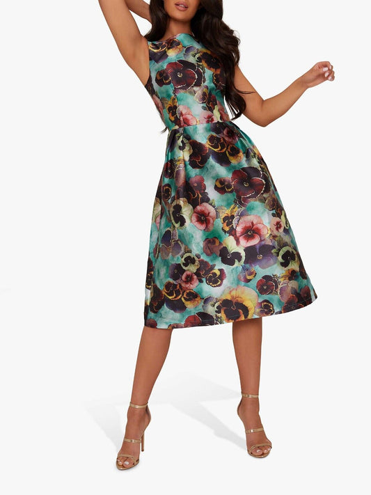 Chi Chi London Alyssa Floral Print Boat Neck Flared Midi Dress