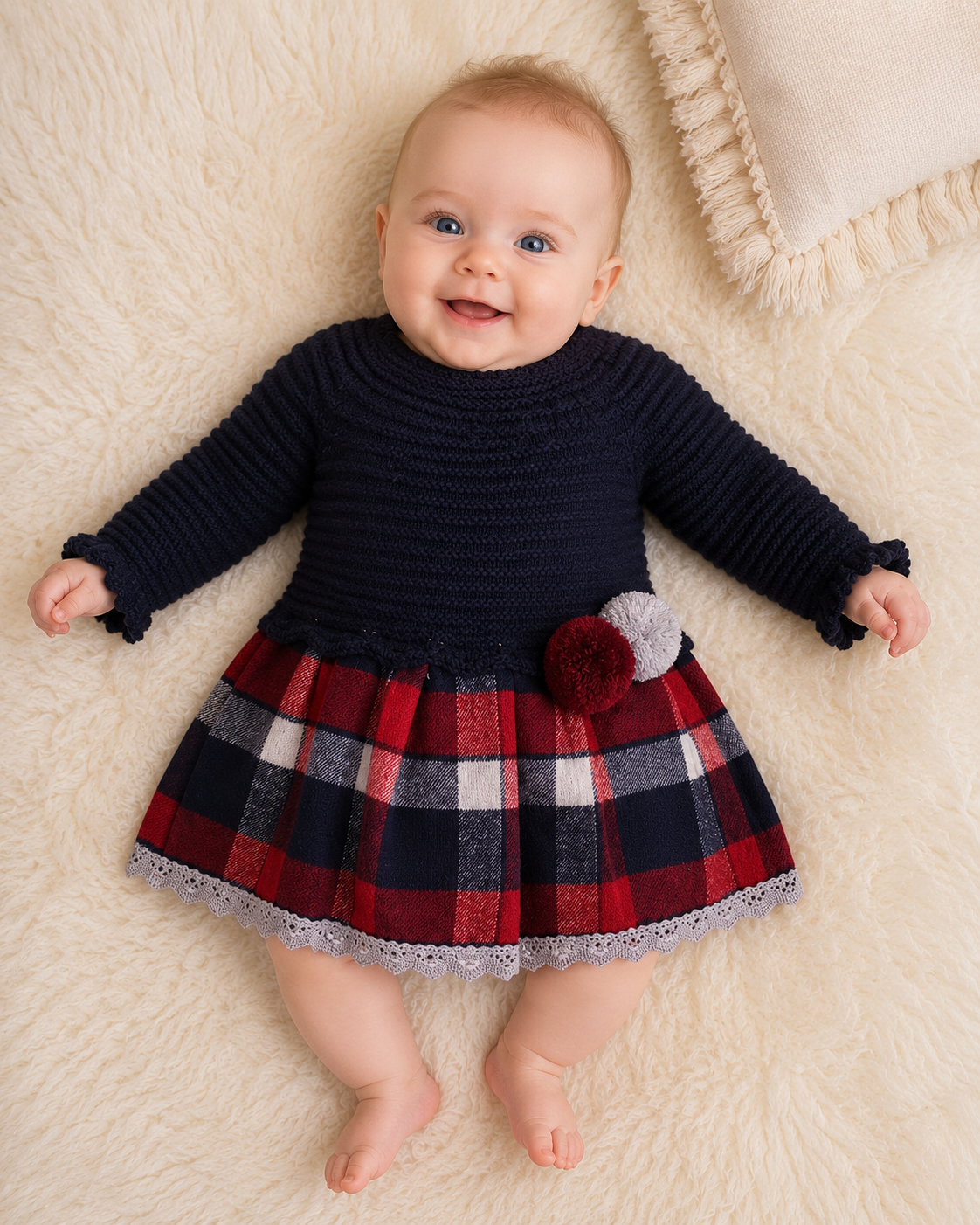 Luxury Knitted Baby Girl Dress – Traditional Romany & Spanish Style with Checked Skirt