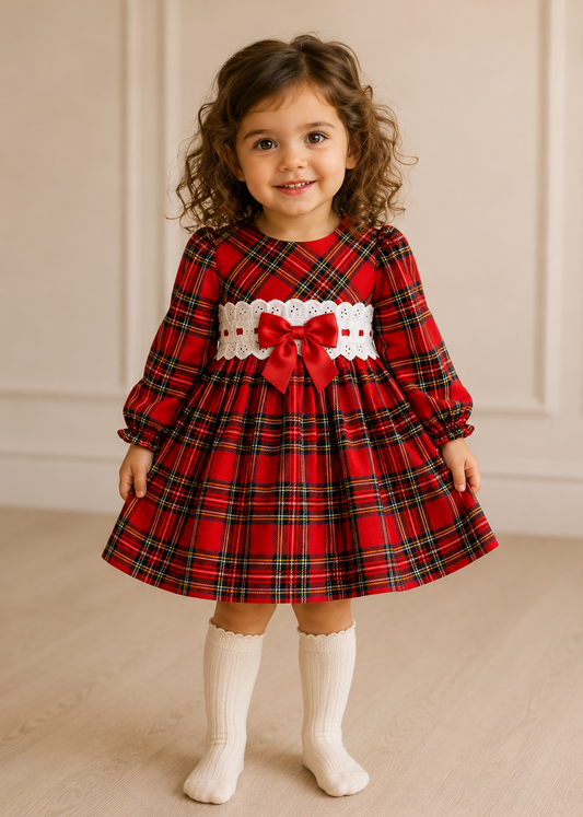 Traditional Red Tartan Broderie Anglaise Baby Girl Dress – Spanish Style