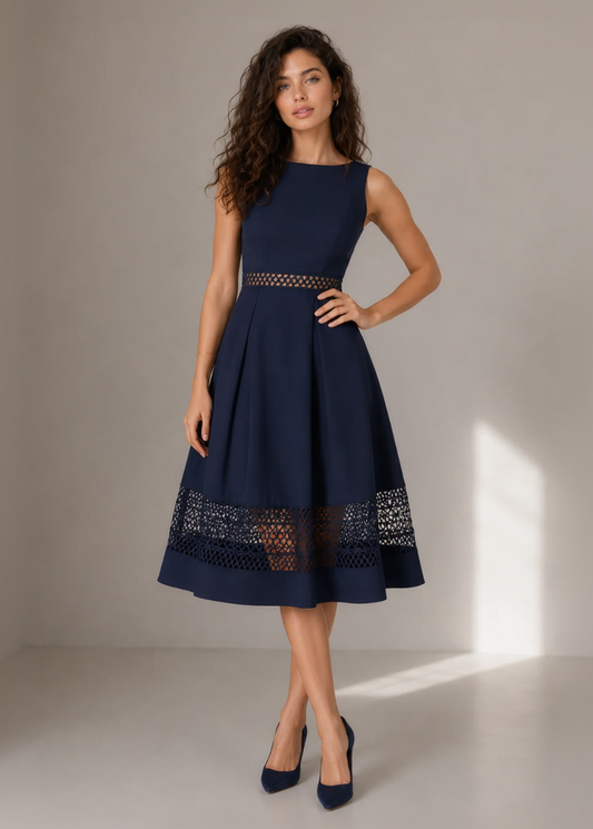 Chi Chi London Crochet Panel Scoop Back Fit & Flare Midi Dress Navy Blue