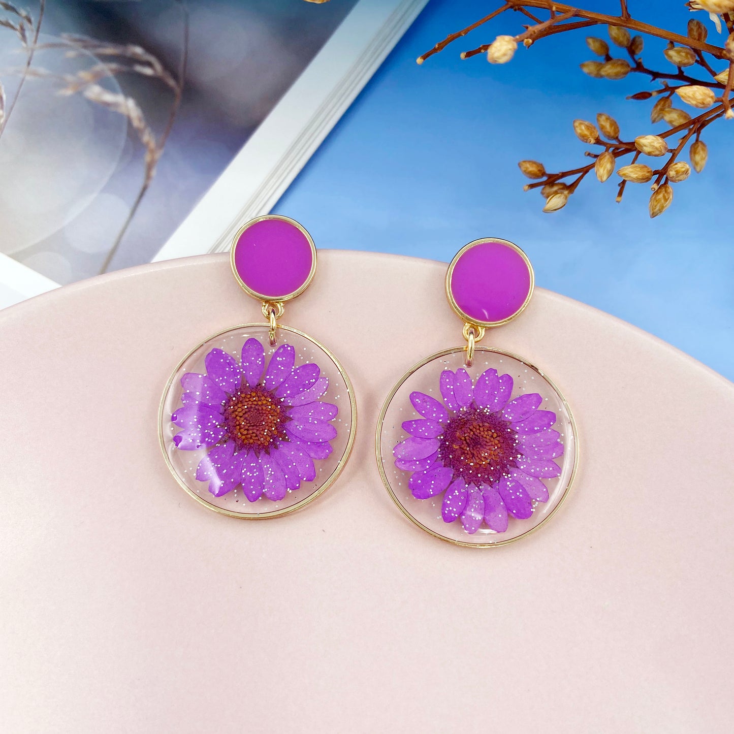 Real Flower Resin Earrings Gold Finish