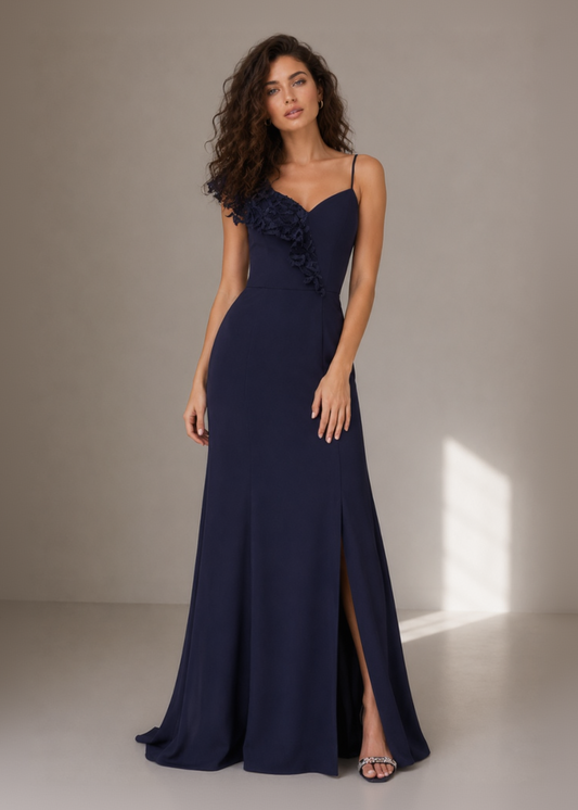 Ruffle Detail Thigh Split Maxi Dress in Blue