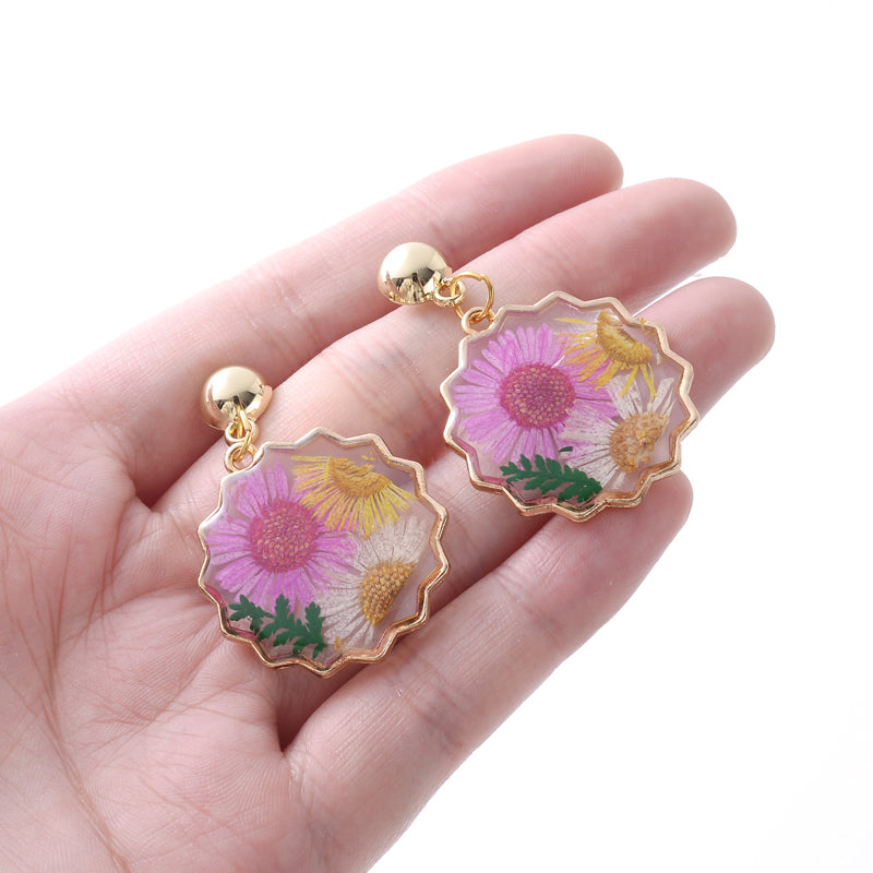 Real Flower Resin Earrings Gold-Tone Finish