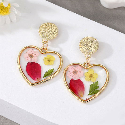 Real Flower Resin Drop Earrings Gold Finish Heart Shape