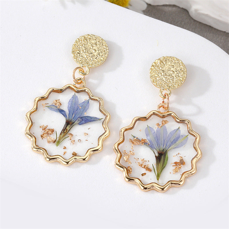 Real Flower Resin Drop Earrings Gold Finish Assorted Shapes