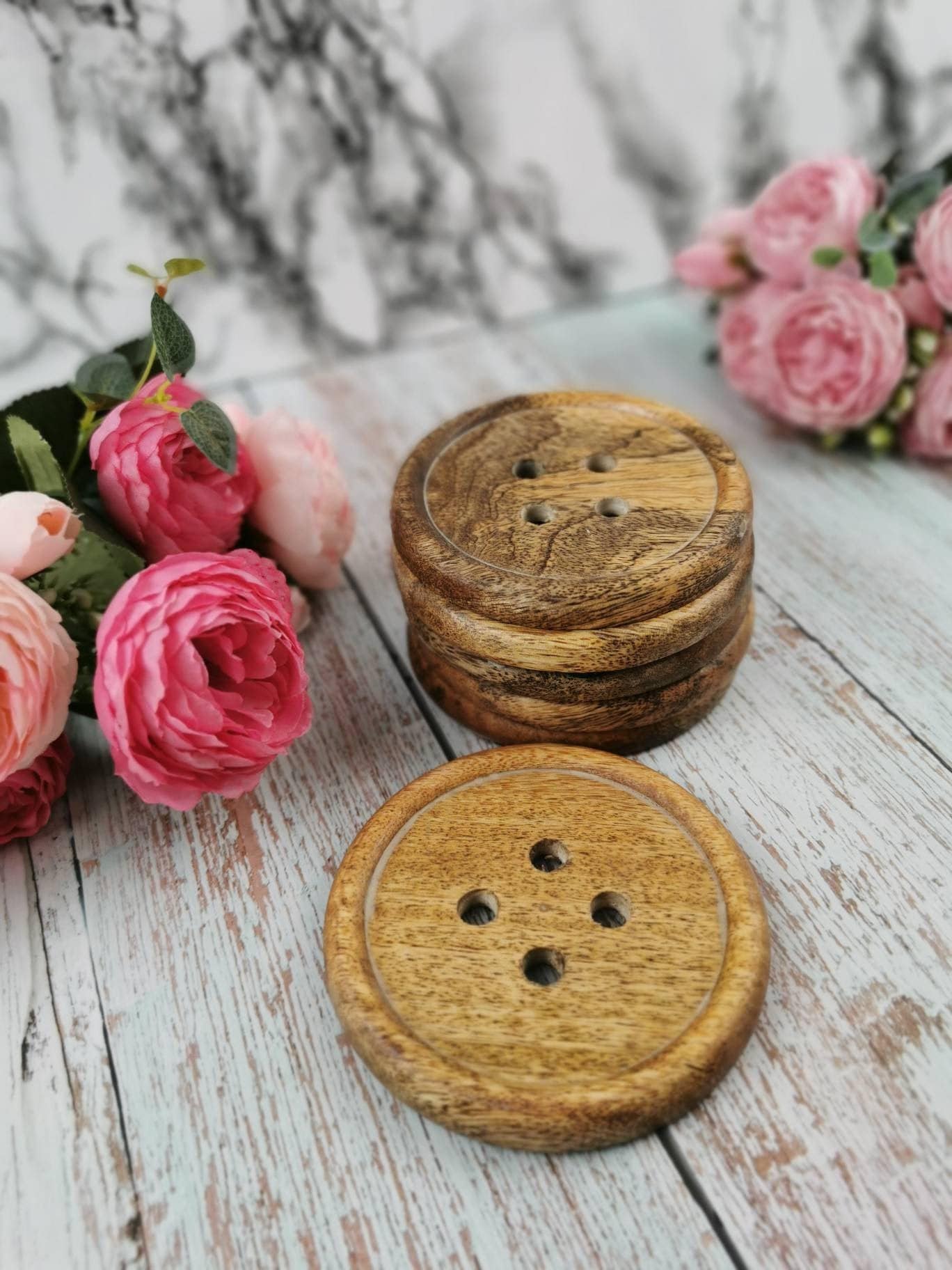 Wooden Button Coasters, Rustic Wood Decor Wooden Coaster