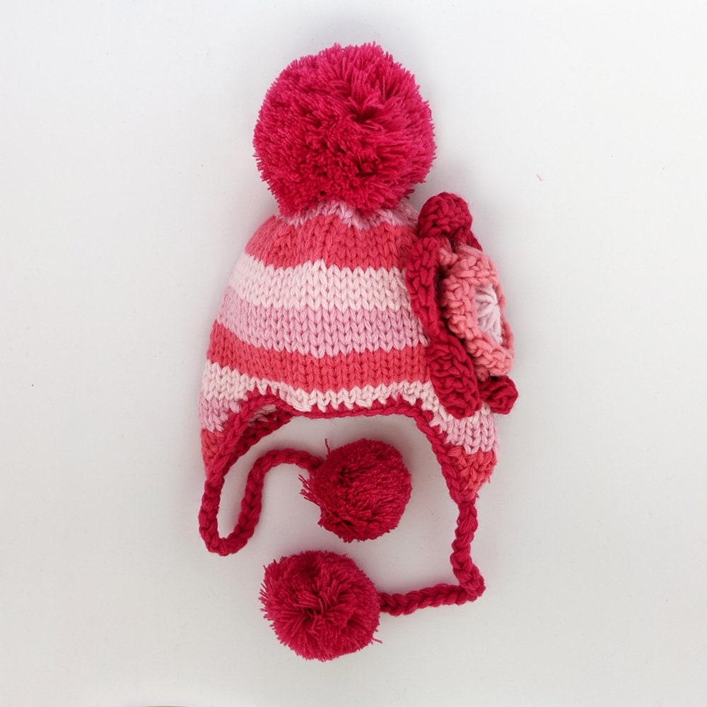 Pink Girl Hand Knit Baby Kids Floral Hat Sisters Matching Hats sizes 6 months to 6 years