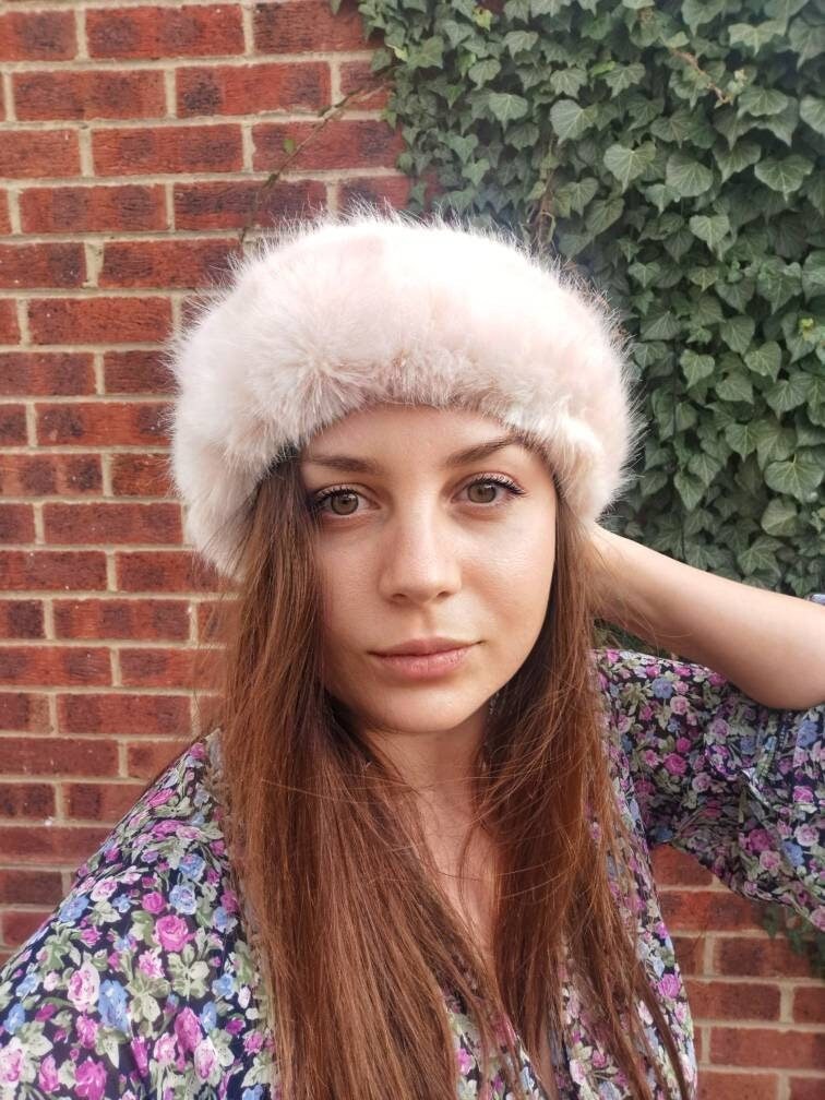 Russian Style Faux Fur Headband Hat Pale pink Christmas gift