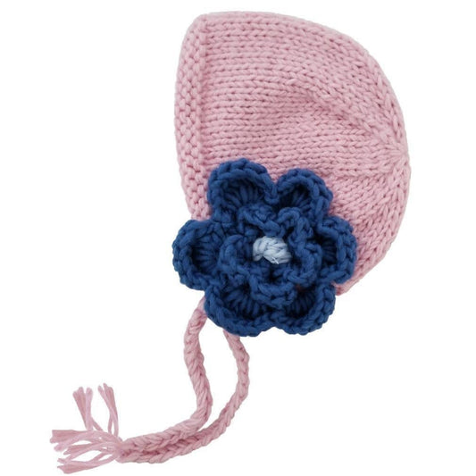 Hand Knit Pink Bonnet Hat with Big Flower 6-24 months