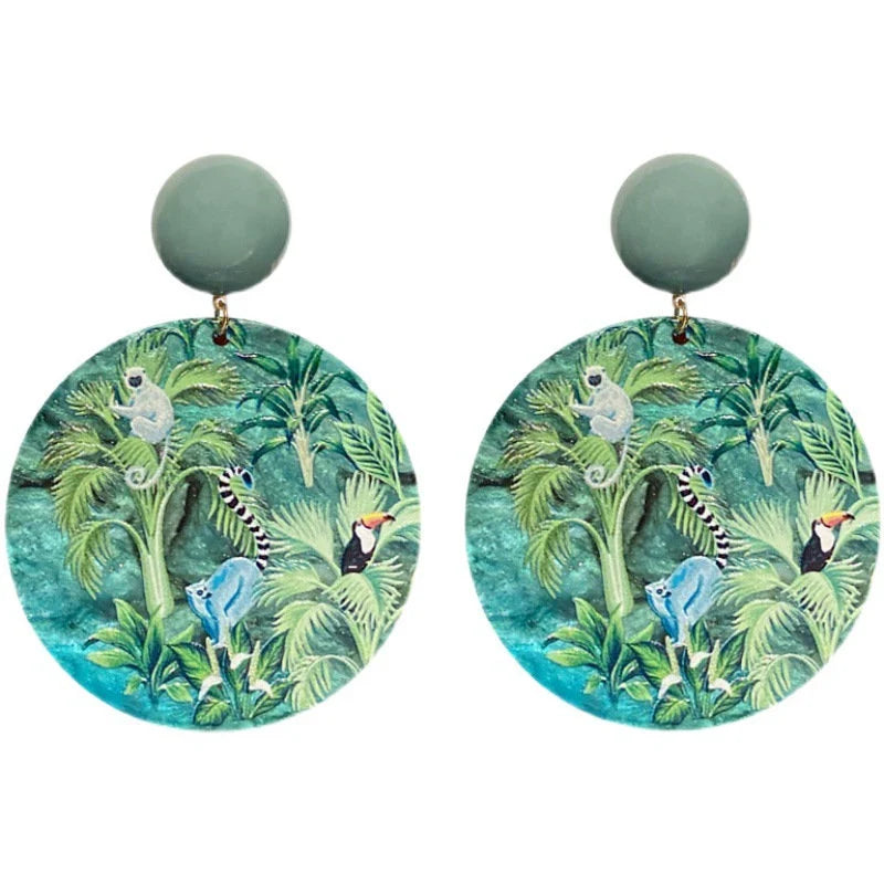 Tropical Jungle Round Statement Earrings Green
