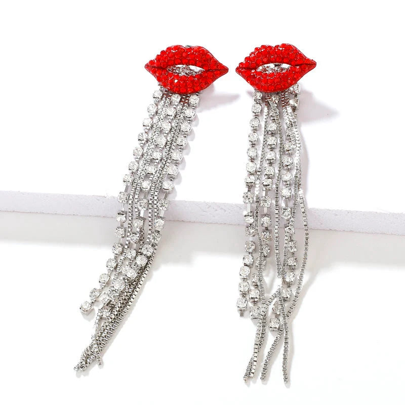 Red Lips Crystal Tassel Statement Earrings Silver Tone