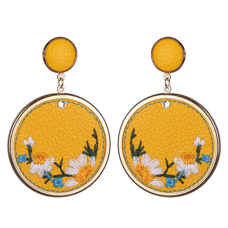 Embroidered Floral Round Statement Earrings Gold Tone