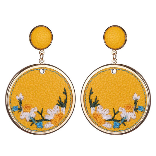 Embroidered Floral Round Statement Earrings Gold Tone