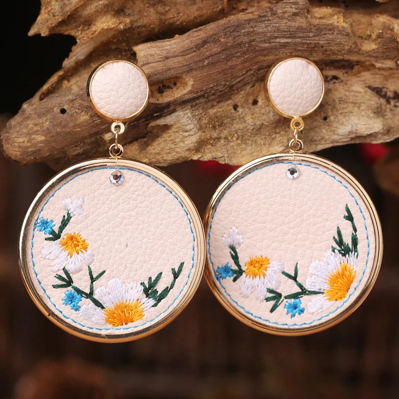 Embroidered Floral Round Statement Earrings Gold Tone