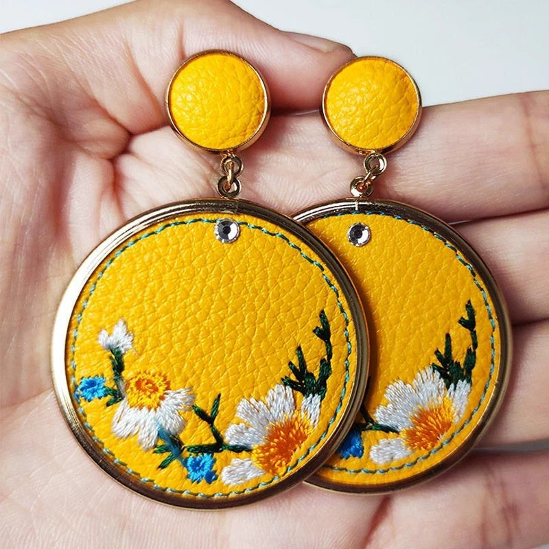 Embroidered Floral Round Statement Earrings Gold Tone
