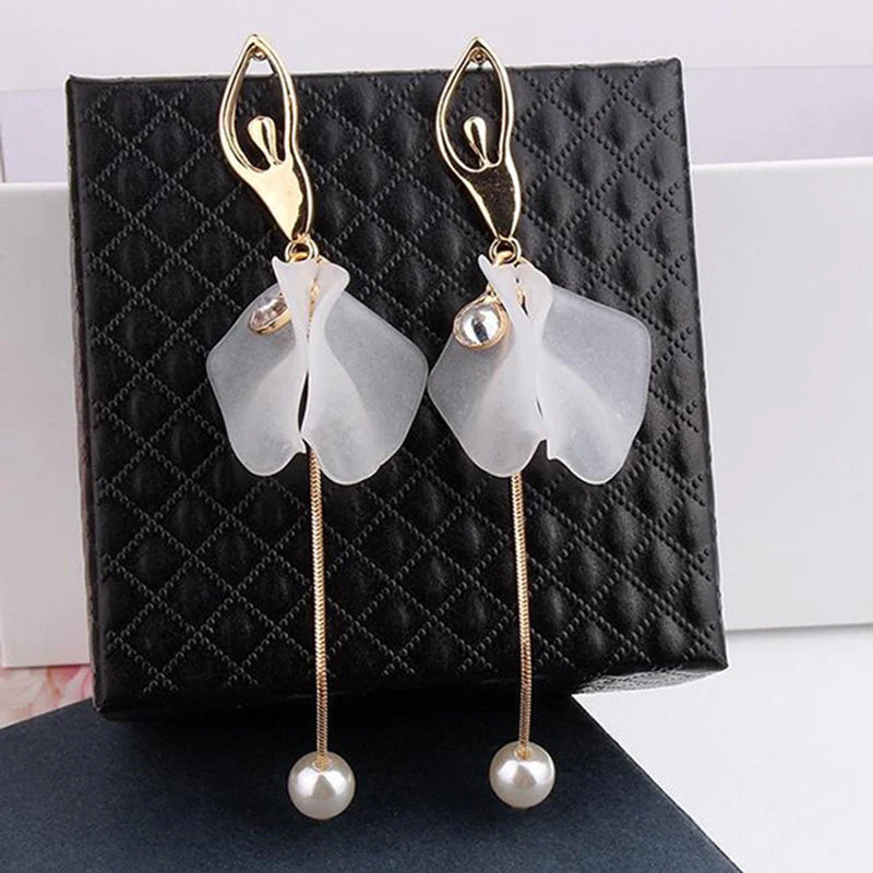 Ballet Earrings Gold Finish Imitation Pearls Dancing Ballerinas