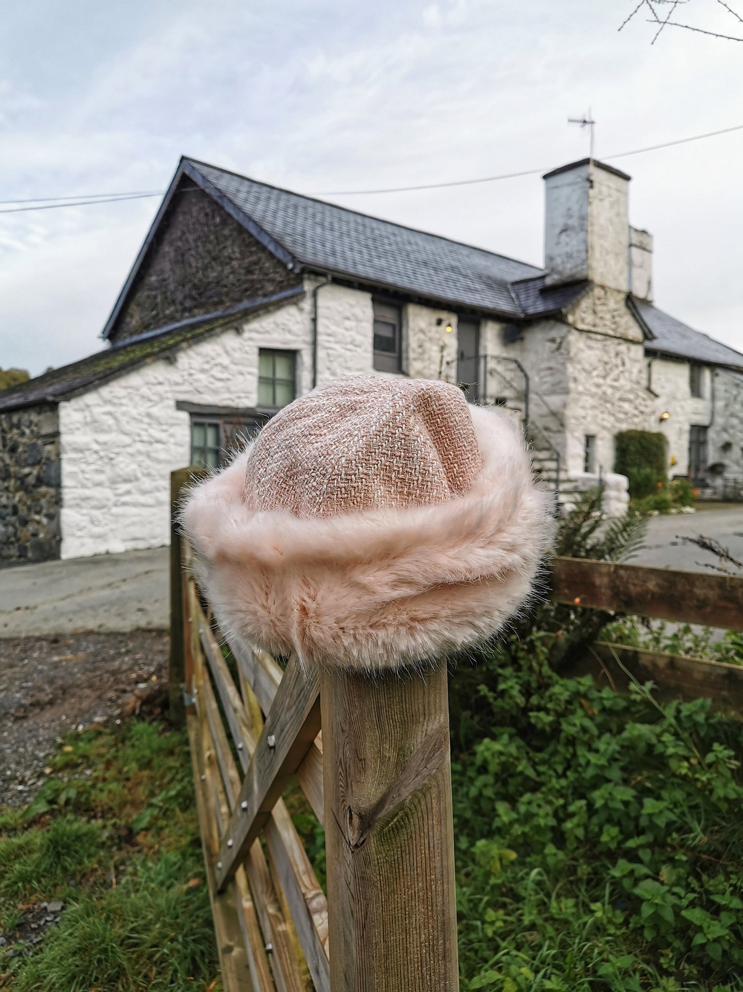 Russian Style Faux Fur Headband Hat Pale pink Christmas gift