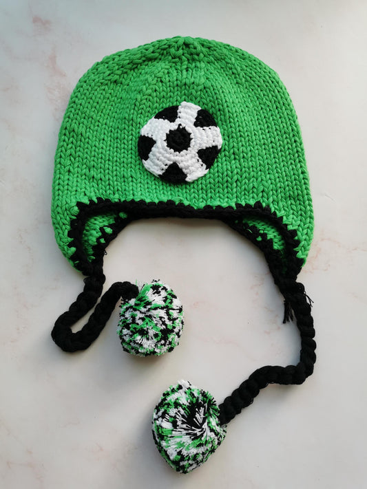 Green Children Hand Knit Soccer Beanie Hat 2-6 years