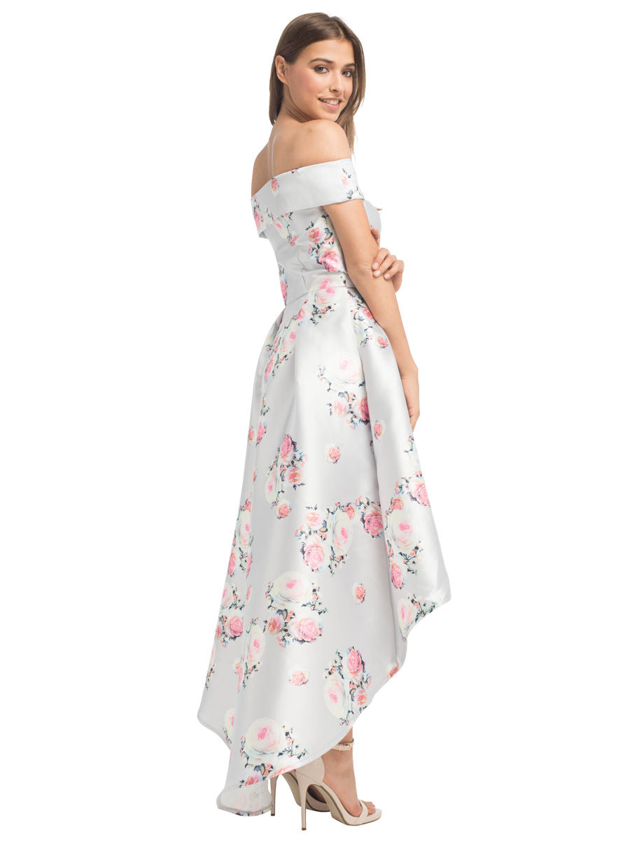 Digital Floral Bardot Dip Hem Maxi Dress