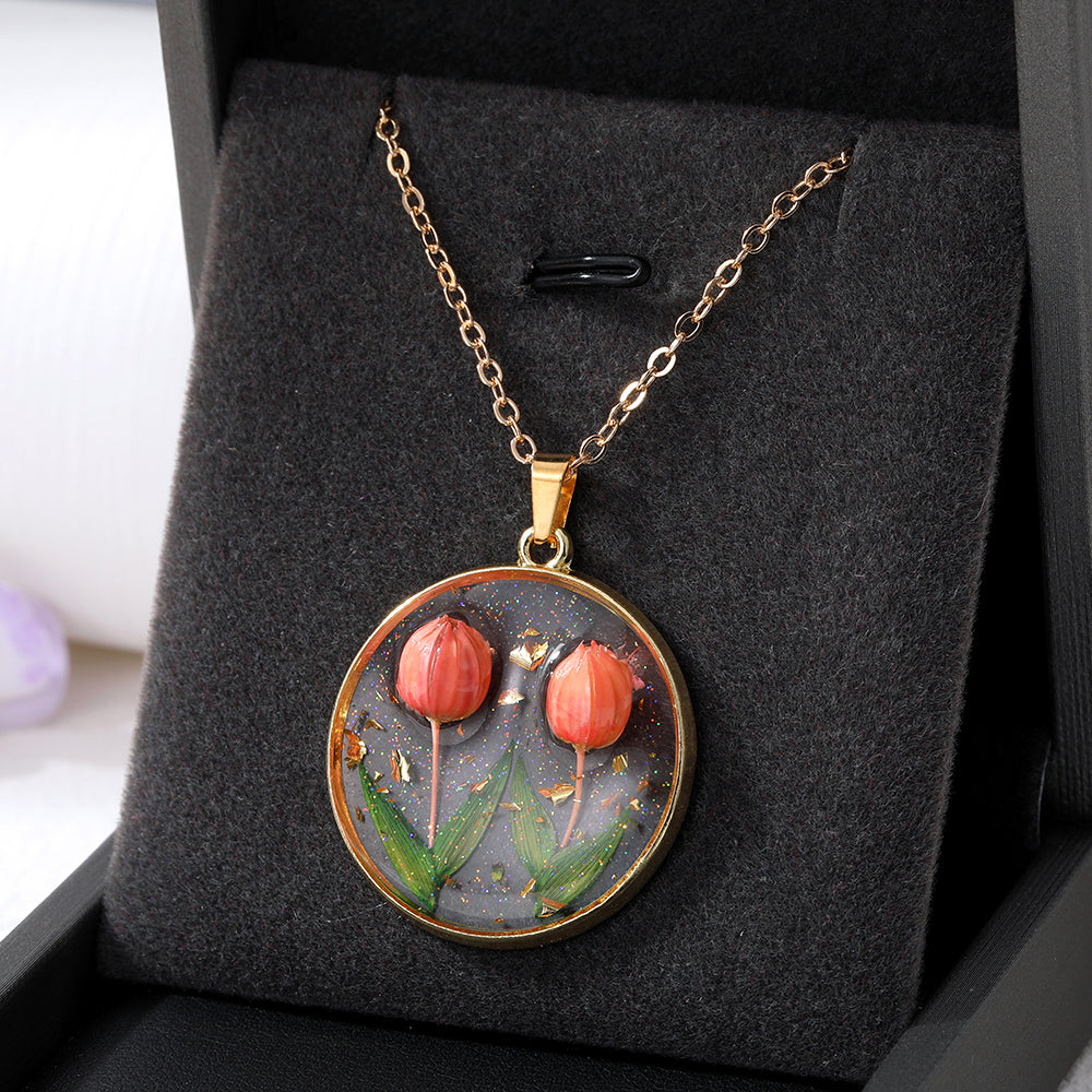 Mini Tulip Necklace Real Flowers Resin