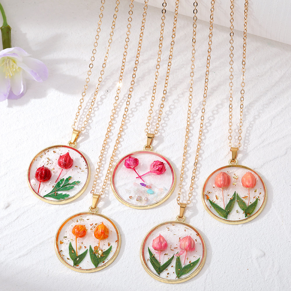 Mini Tulip Necklace Real Flowers Resin