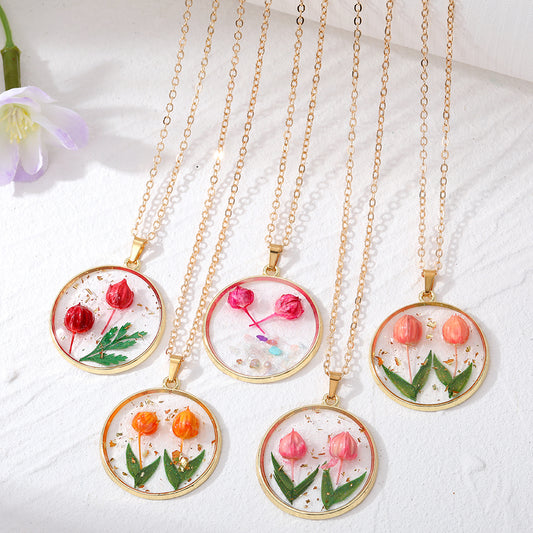 Mini Tulip Necklace Real Flowers Resin